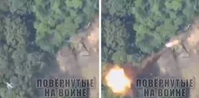 Dos fotogramas de un vídeo publicado a finales de julio de 2023 en el que aparentemente el Lancet emplea una cabeza de guerra de tipo proyectil formado por explosión (EFP) como los proyectiles occidentales tipo SMArt 155 y BONUS.