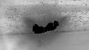 Impacto de un proyectil de 203 mm de un Malka visto desde un dron de reconocimiento Orlan-10, mayo de 2022.
