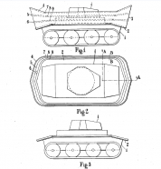 Diagrama de una pantalla de flotación Duplex Drive montada en un tanque Tetrarch obtenido de la patente del diseñador Straussler.