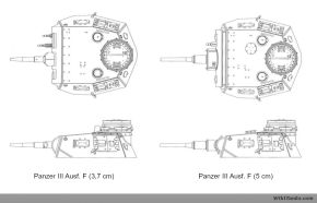 Comparativa de la torreta de un Panzer III Ausf. F con cañón KwK 36 de 3,7 cm y KwK 38 de 5 cm.