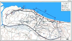 Mapa de 1944 que muestra los objetivos del V Cuerpo Estadounidense en Omaha y Pointe du Hoc para el Día D.