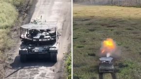 Un T-80 de la 30.ª Brigada Mecanizada equipado con cubierta antidron durante el inicio de un asalto mecanizado a posiciones rusas en el Note de Bajmut, septiembre de 2023.