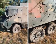 Un Vector en versión ambulancia dañado por una granada de mortero de 120 mm rusa el 26 de septiembre de 2022.
