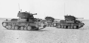 Tres tanques Cruiser Mk.I abandonados durante la Operación Crusader de finales de 1941. A la izquierda vemos un Mark I CS armado con un obús de montaña QF de 3,7 pulgadas, los otros son Mark I armados con el cañón anticarro QF de 2 libras.