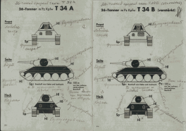 El cañón de 75 mm y baja velocidad de los Panzer IV y StuG III podía penetrar el T-34 con munición de carga hueca (Hl). Los proyectiles de alto explosivo (Sp.) podrían dañar las orugas.