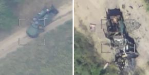 Dos fotogramas de la destrucción del BARS-8MMK en Jersón a principios de agosto de 2023.