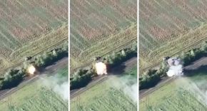 El tanque ucraniano T-64BV dispara a quemarropa sobre el T-72B3 ruso, separados por una linea de árboles.