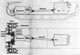 Plano original de la transmisión del diseño Z.W.38 (Panzer III Ausf. E/F/G). Se muestra el eje de transmisión principal desde el motor hasta el embrague principal, la caja de cambios, el diferencial, las unidades de giro con sus frenos, los ejes de transmisión secundarios, las unidades reductoras finales, y las ruedas dentadas.